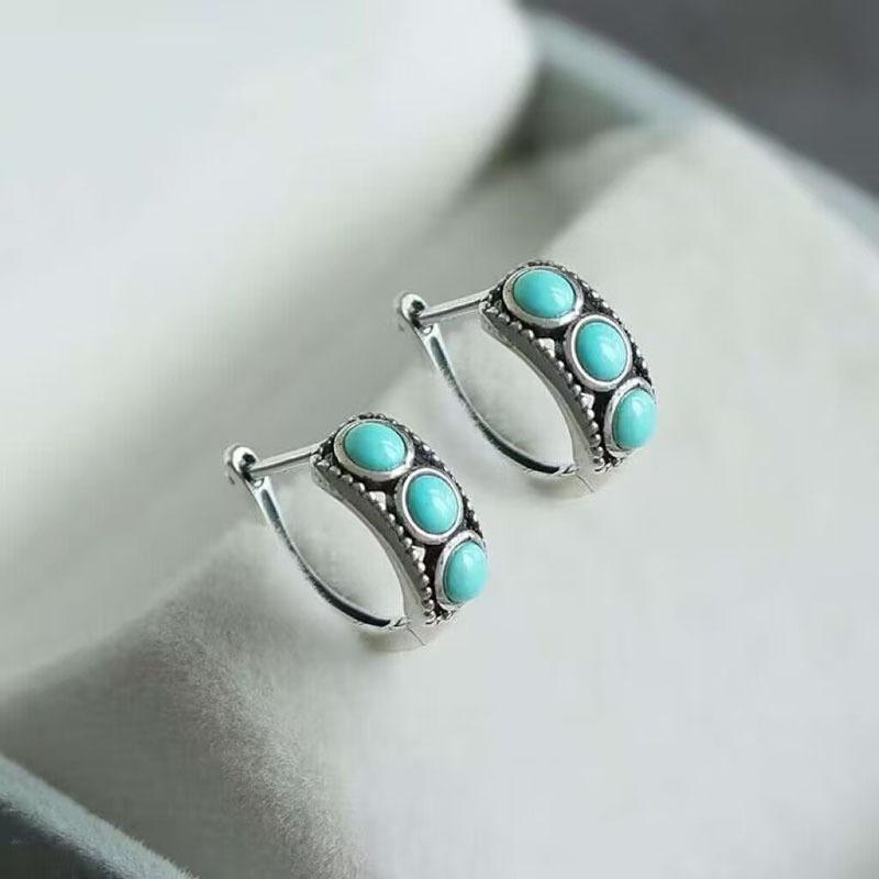Imitation Natural Turquoise Traditional Ethnic Style Daily Basic Style Neutral Couple Niche Temperament Can Wear Ear Buckles