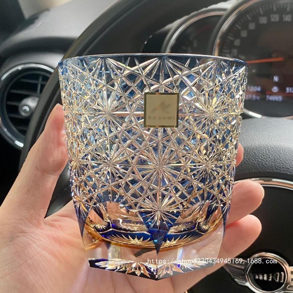 Edo Kiriko Blue Daisy Crystal Whiskey Glass
