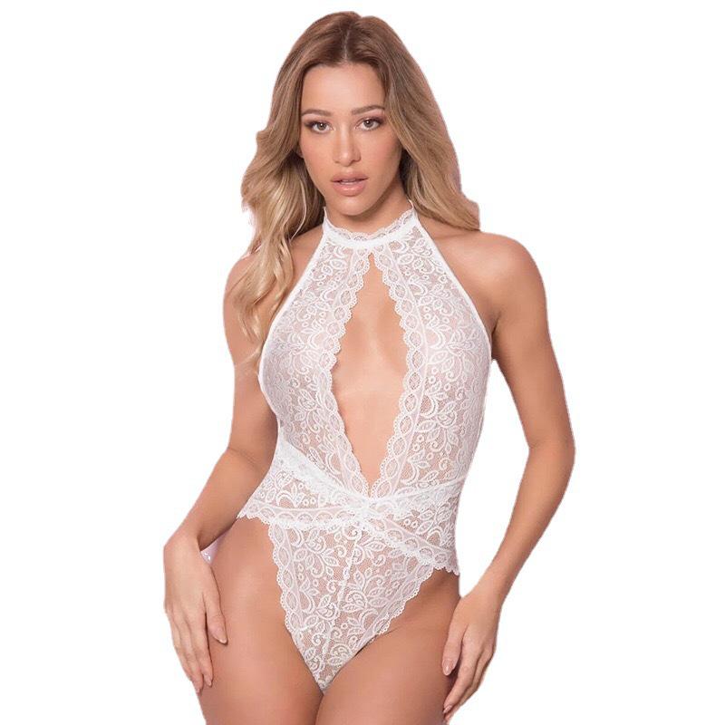 Sexy Lace Trim Sleepwear: Women's See-Through V-Neck Backless Bodysuit