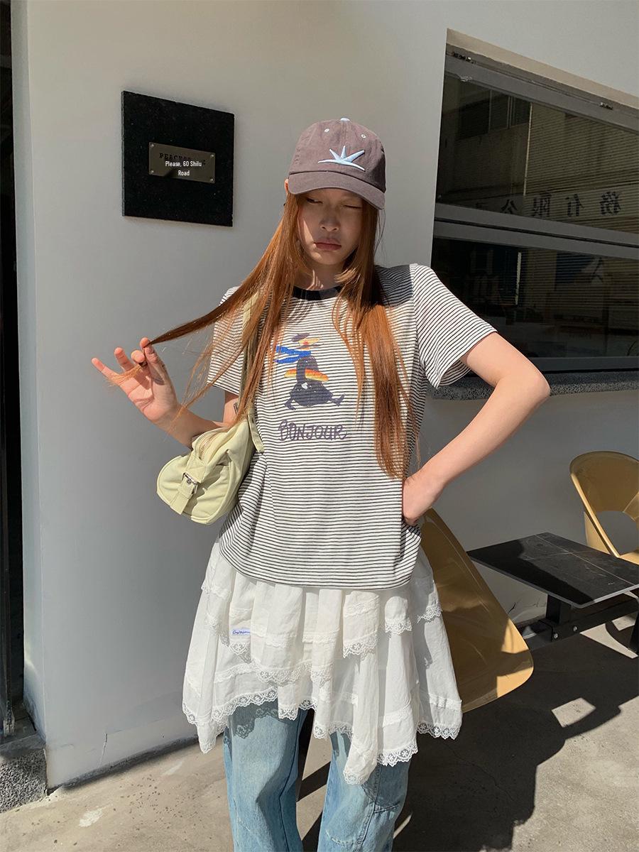 Sunai 2026 Korean Striped Cartoon Print Round Neck Loose Short Sleeve Women s T-shirt One Size