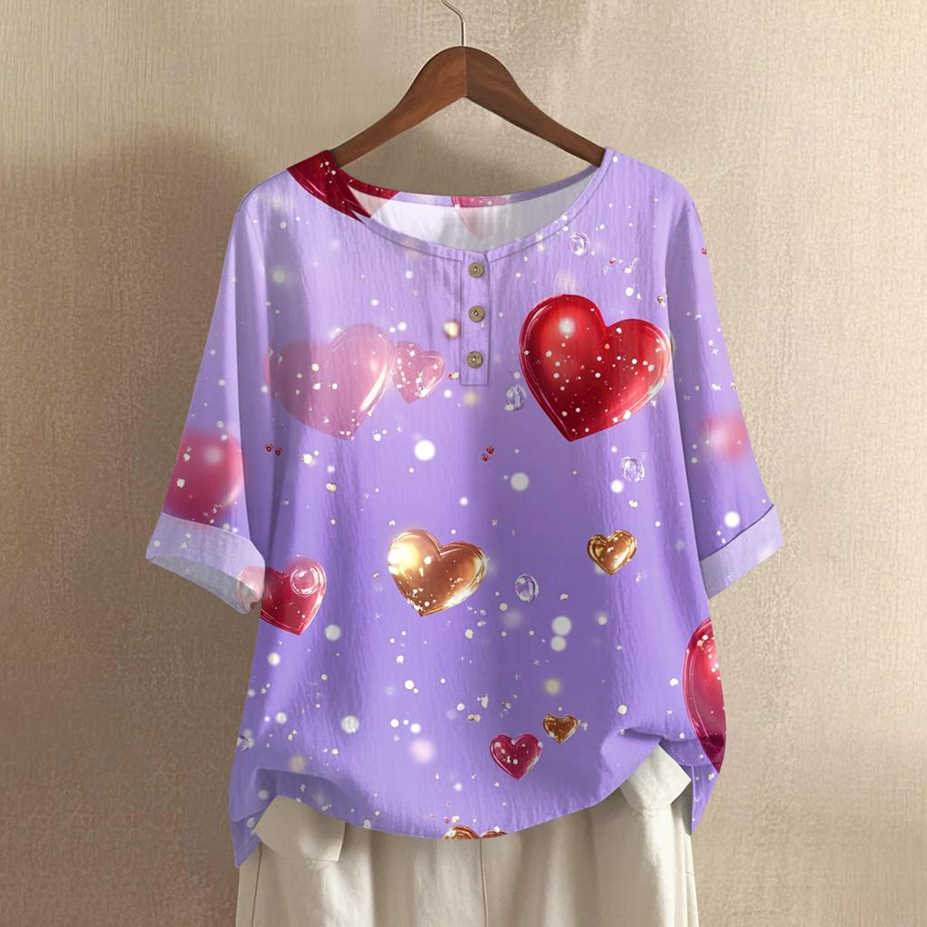 Damska casualowa i wygodna bawełniano-lniana bluzka z okrągłym dekoltem, średniej długości, z modnym nadrukiem