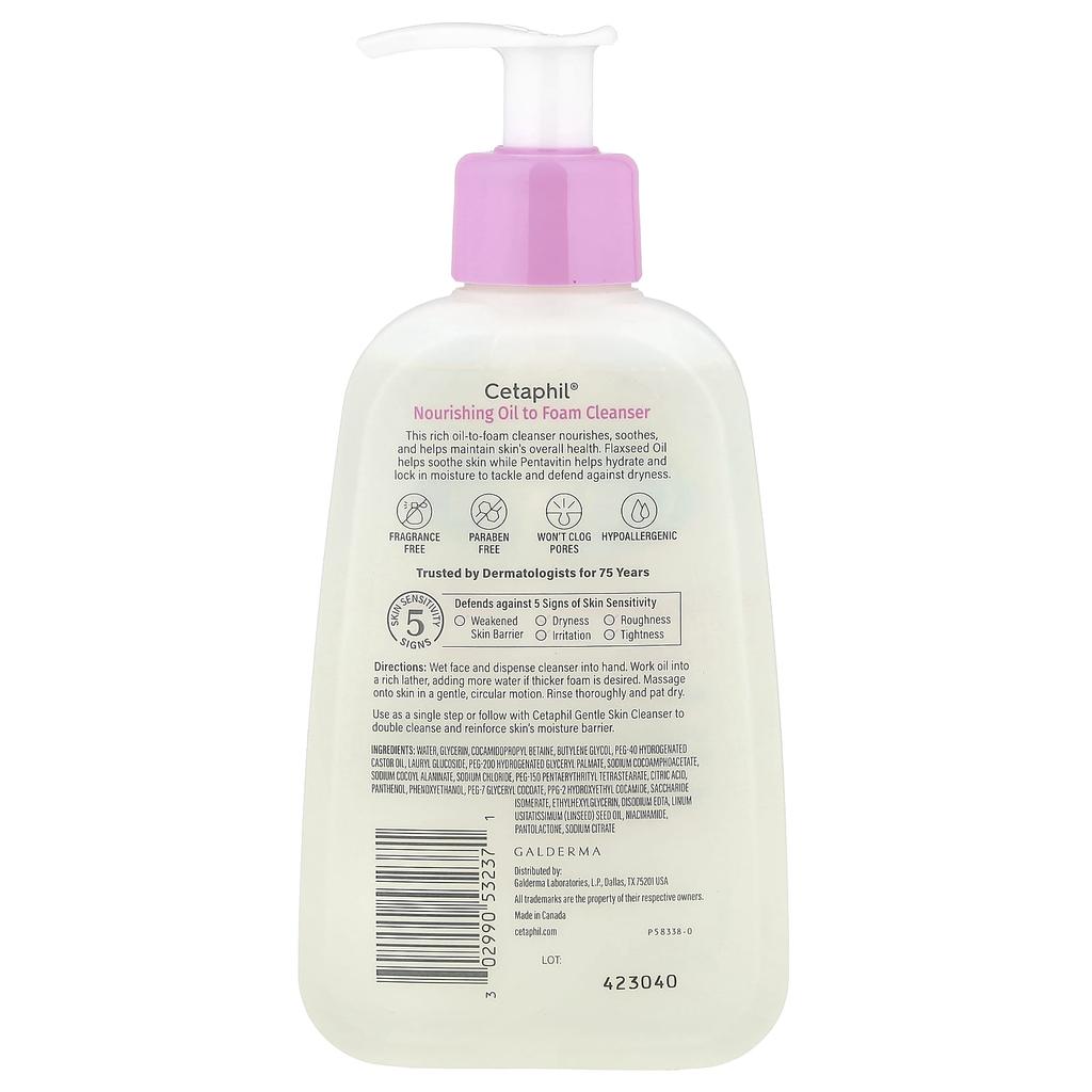 Cetaphil Nourishing Oil-to-Foam Cleanser, Normal To Dry Skin, 8 Fl Oz (237 Ml)