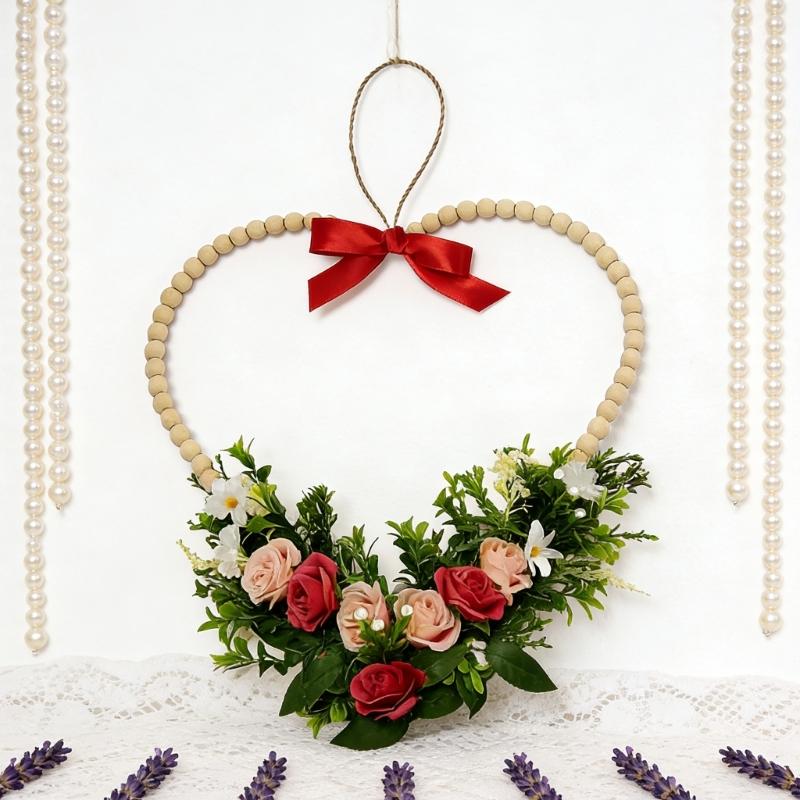 Romance Valentine's Day Heart Shape Wreath with Wood Beads Frame Red Ribbon and Simulated Flower for Festival Home Decors Measuring 36cm Wide 37cm