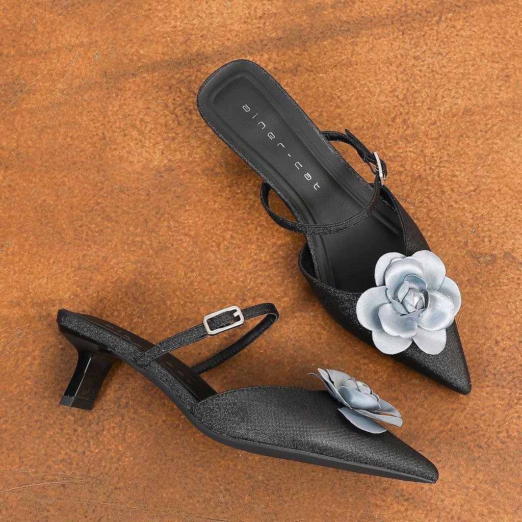 59011 High Heels Women's Thick Heels Summer 2025 New Rear Empty Cool Slippers Pointed Temperament Flower Shoes