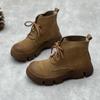 Johnature Vintage Handmade Genuine Leather Thick Sole Short Boots Round Toe Lace Up Cowhide Women's Shoes