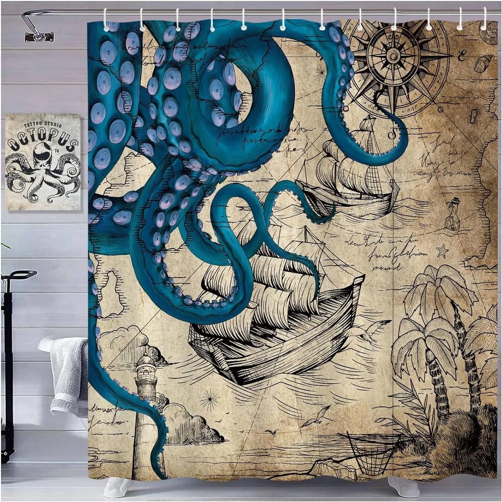 Vintage Nautical Octopus Shower Curtain Blue Mermaid Funny Ocean Kraken Anchor Coastal Map Polyester Fabric Bath Curtain Decor