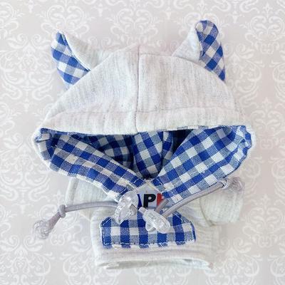 Plüschkleidung, Gingham-karierter Kapuzenpullover mit Katzenohren für 10 cm Plüschtiere, Grau, Oshikatsu-Artikel [Gebraucht]