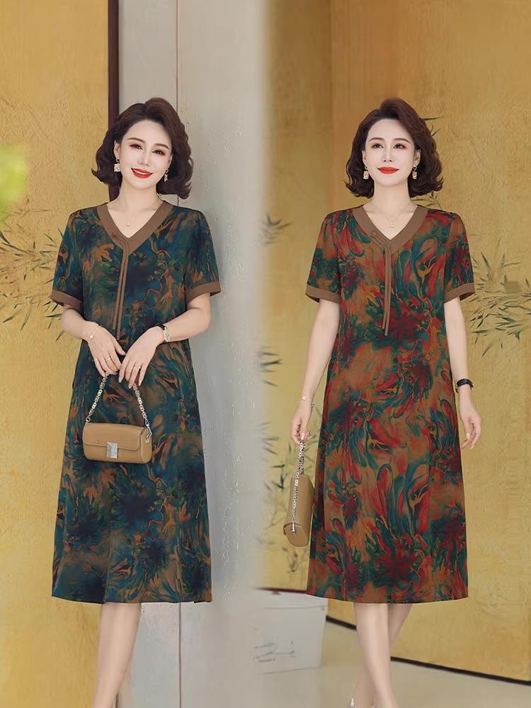Elegant Short Sleeve Plus Size Summer Dress for Middle-Aged and Elderly Women
