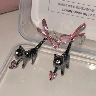 Süße rosa Schleife, rosa Herz, schwarze Katze, baumelnde Ohrringe für Frauen, süßer, kreativer, lustiger Trendschmuck