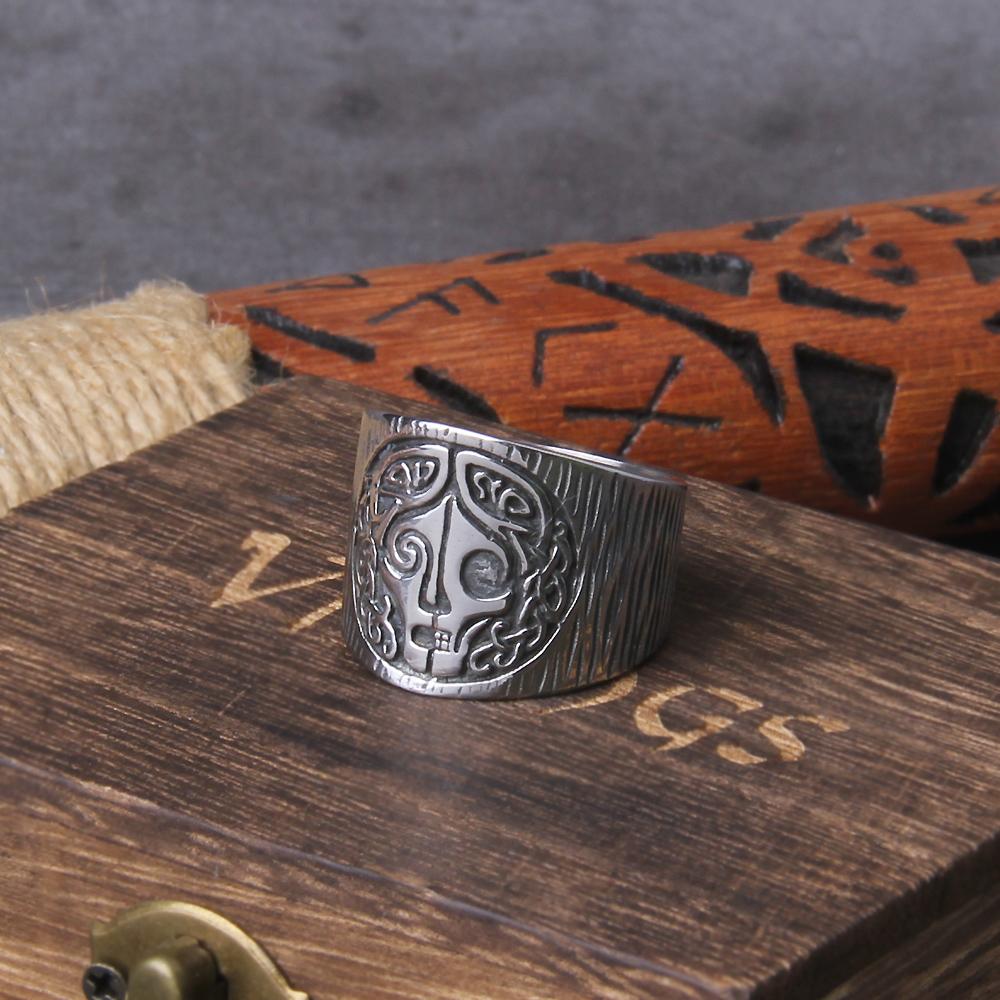 Viking Hel Ring Norse Mythology Stainless Steel Band with Runes Pagan Jewelry Gift in Wooden Box