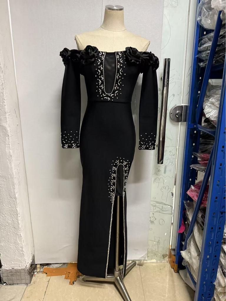 2025 Elegant Off-the-Shoulder Floral Evening Dress with Beaded Diamond Chain