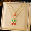 Women's Cross Border European American Stacked Retro Double Layer Chain Diamond Inlaid Dripping Oil Cherry Fruit Heart Necklace