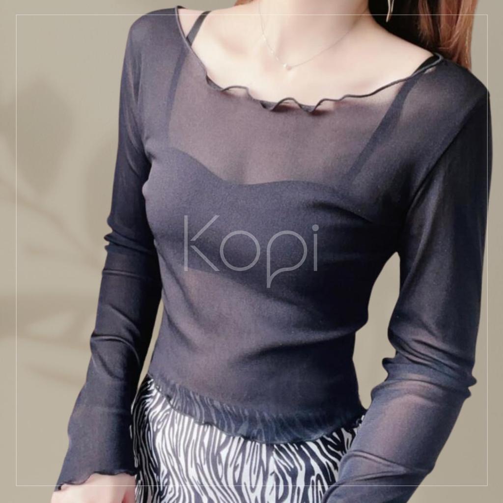 Kopi Long Sleeve Sheer Layering UV Elegant Tulle Round Sexy White Plus Size F See-Through Shirt, Protection, Top, Neck, Lace, Blouse, Women's, Size,