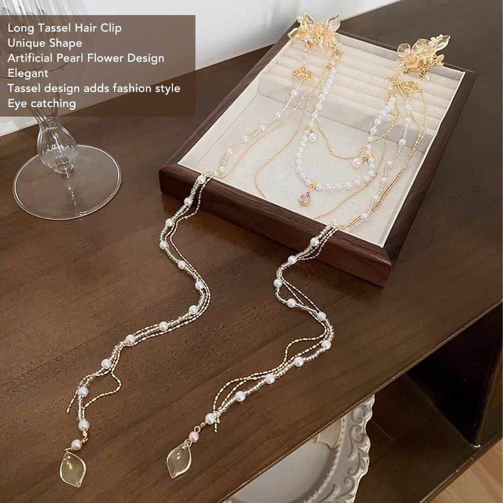 Long Tassel Artificial Pearls Hair Clip Pearl Chain Tassel Hair Accessory Women