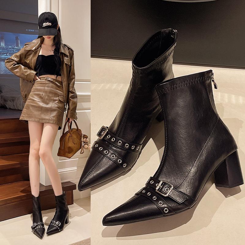 Fashion Studded Metal Buckle Booties Fall New Pointed Toe Suede Rear Zipper Block Heel Skinny Boots