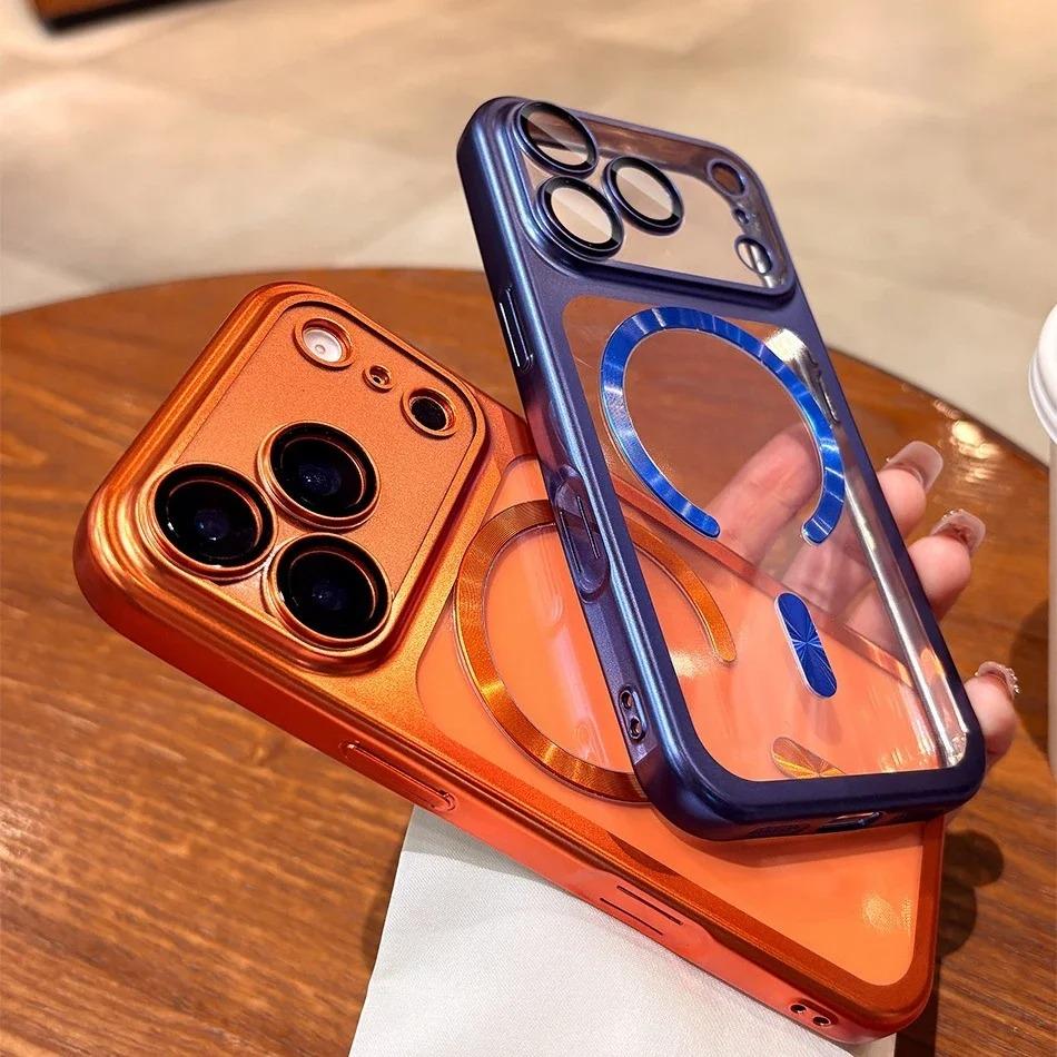 Magnetic Plating Transparent Phone Case For iPhone 17 16 15 14 13 Pro Max 15Pro 17Pro For Magsafe Lens Protector Clear Cover