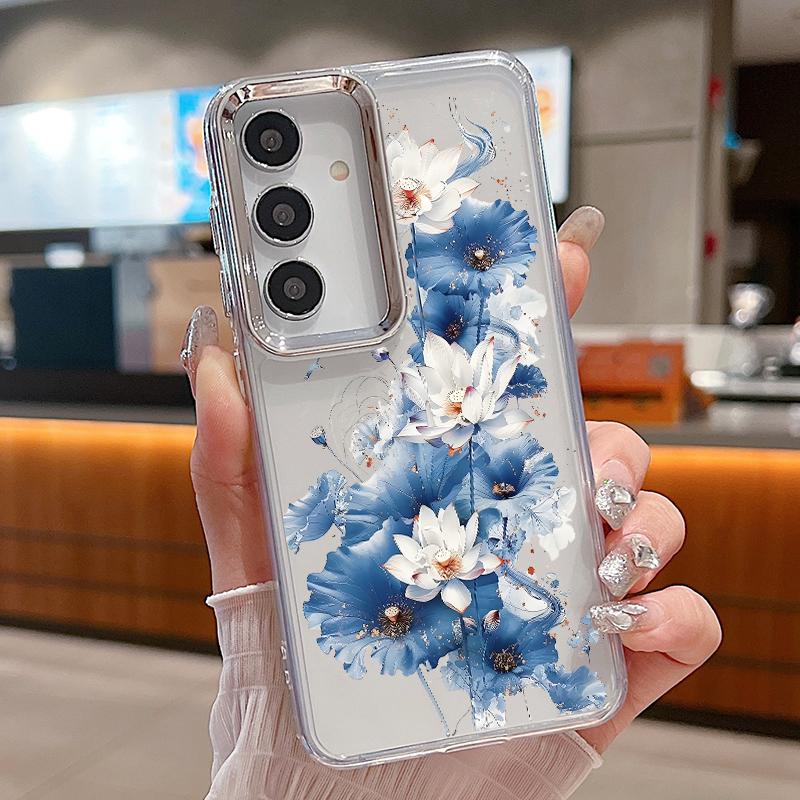Colorful Flowers Print Case For Samsung S26 S25 Ultra S24 FE S23 Plus S22 S21 A15 A16 A17 A35 A36 A37 A54 A55 A56 A57 5G Plating Lens Soft Cover