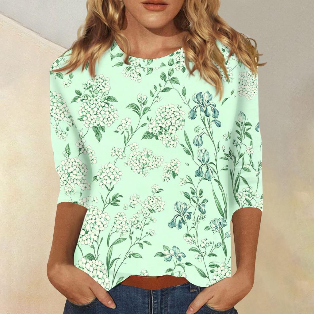 Women Casual Floral Print 3/4 Sleeve Round Neck Blouse Lightweight Soft Fabric Loose Fit Top for Everyday Wear