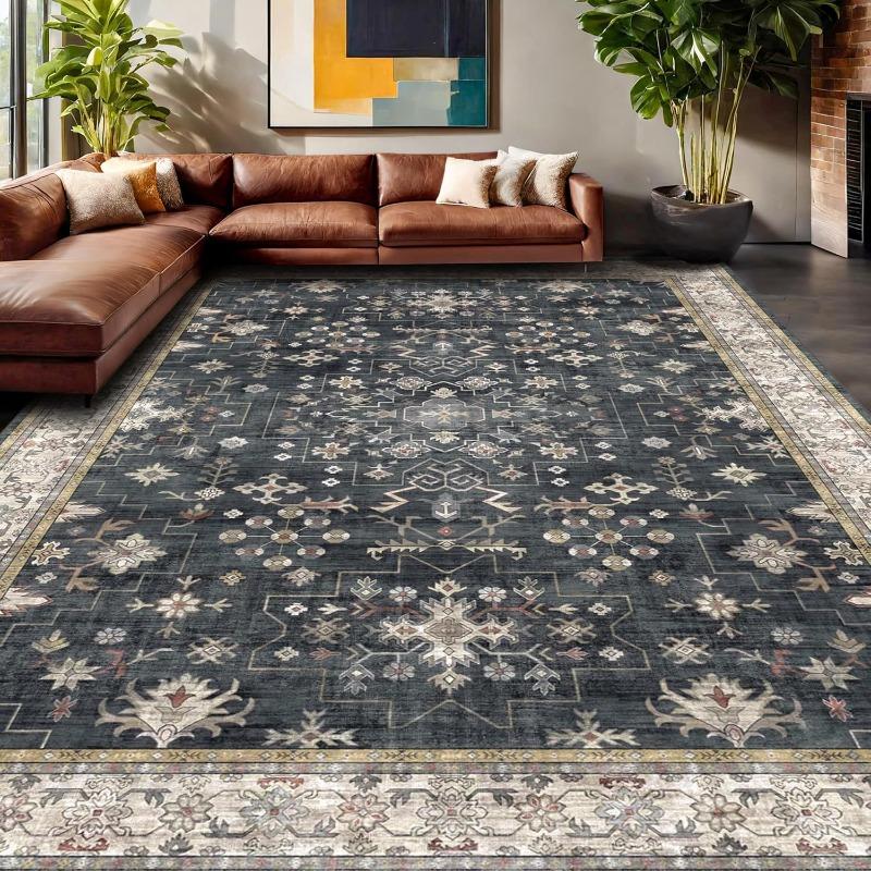 Vintage Persian Bohemian Flower Rug, Ombre Blossom Carpet with Striped Borders Traditional Floor Mat for Classic Interior Design
