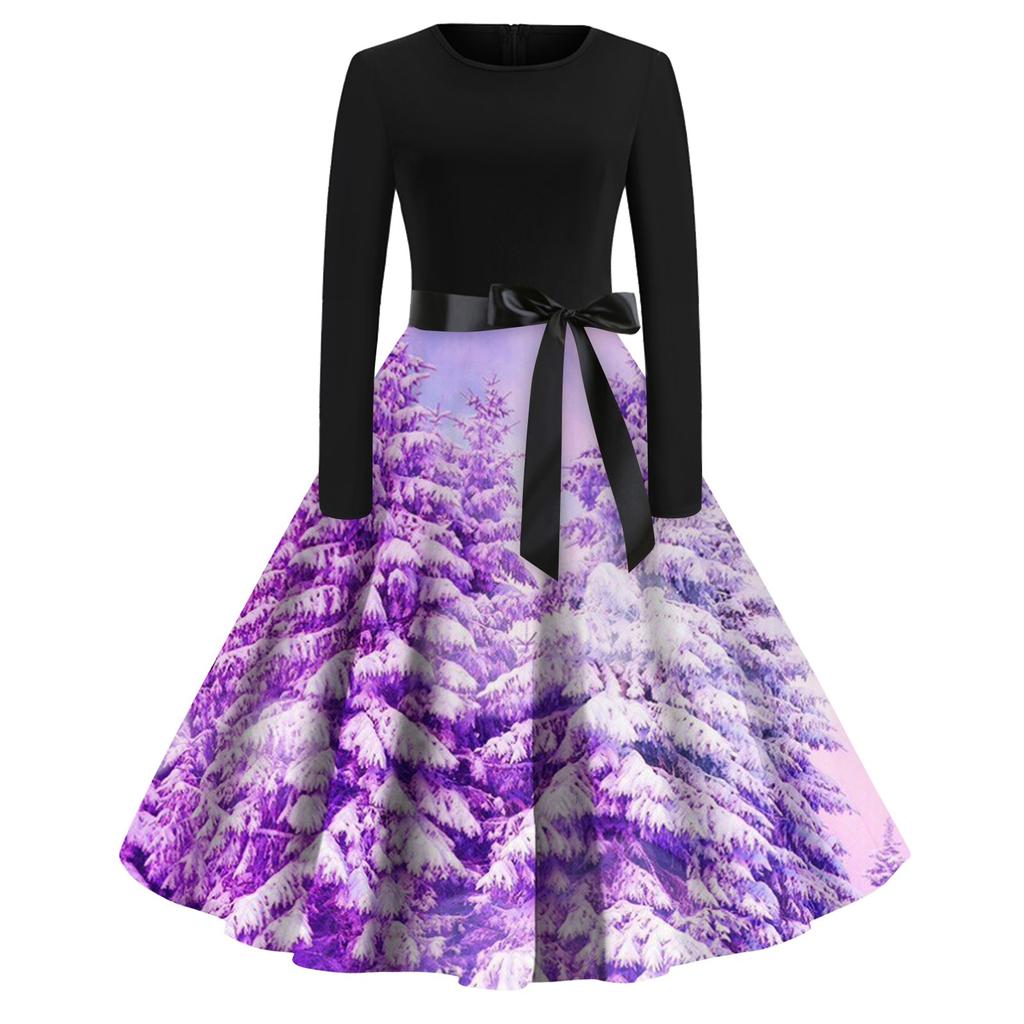 Women's Fashion V-Neck Casual Slim Christmas Printed Long Sleeve Hair Collar Dresses