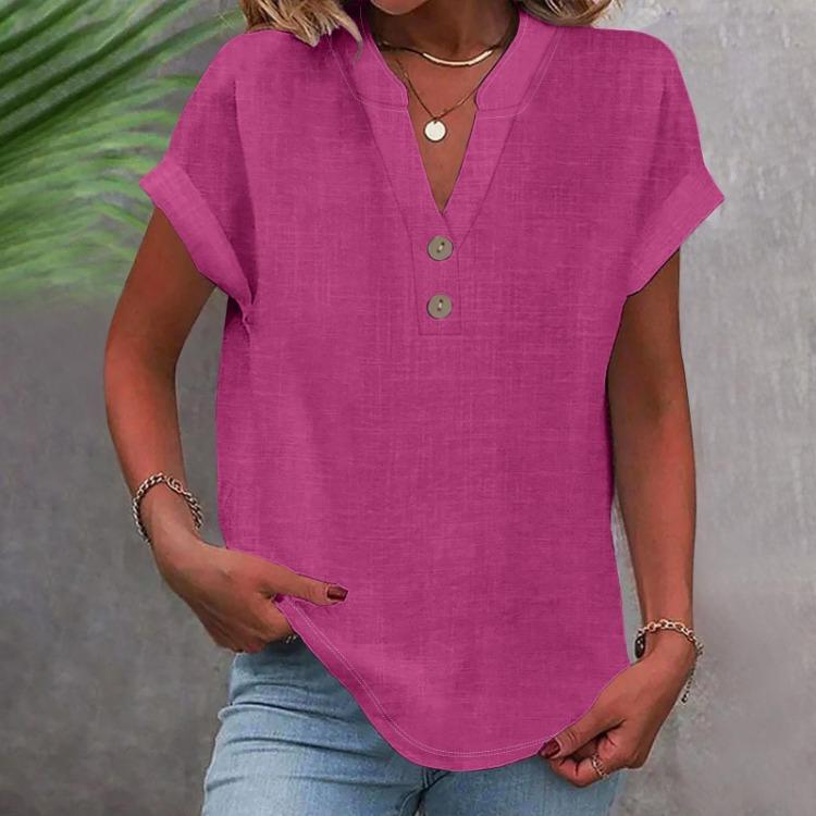 Women Casual V Neck Short Sleeve Button Down Shirt Solid Color T Shirt Top Fashion