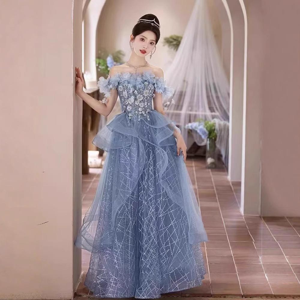Banquet Evening Dress 1011 New Summer Dignified Atmosphere Dignified Elegant Host Starry Sky Thin Shoulder Dress