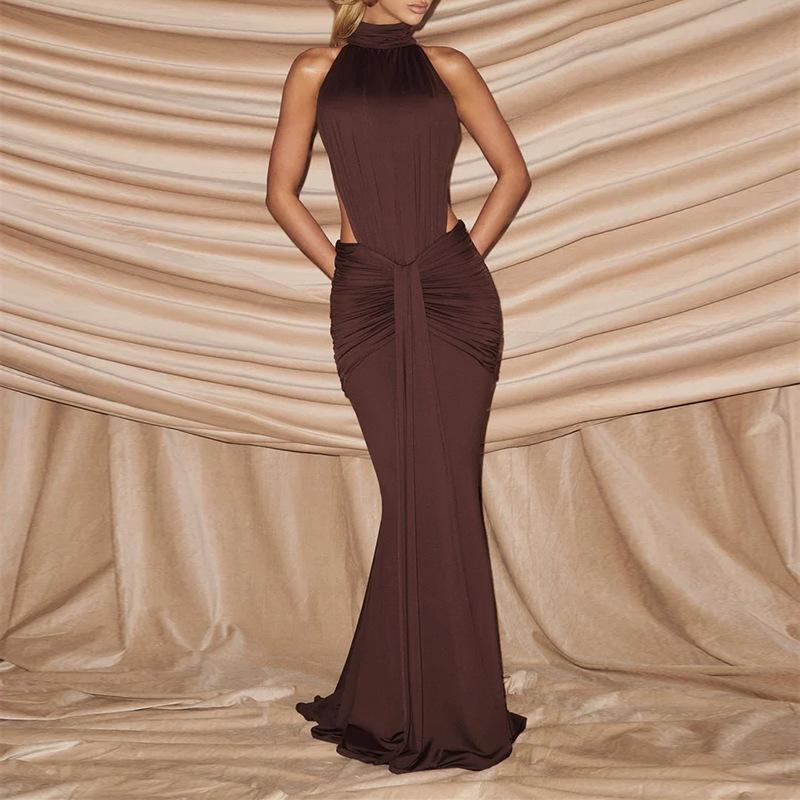 Frühlings-Neue Damenbekleidung, Europäische und Amerikanische Kleider, Figurbetontes Ausgeschnittenes Plissiertes Unifarbenes Französisches Hip-Kleid