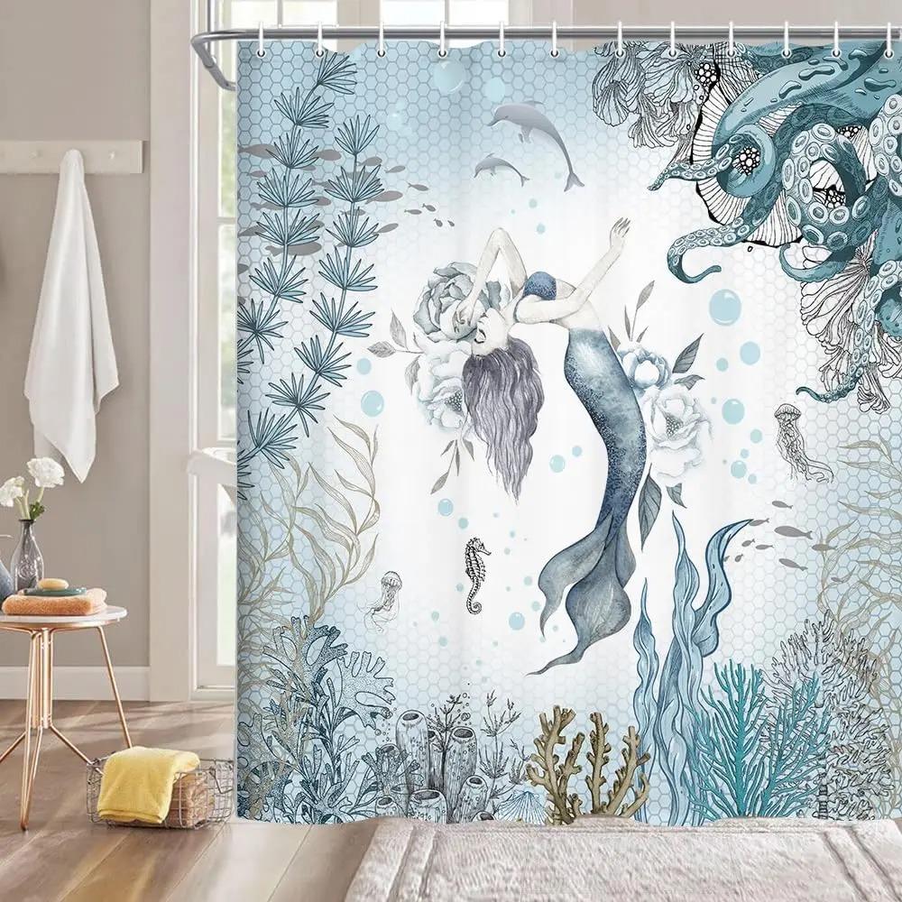 Blue Sea Turtle Shower Curtain Funny Ocean Animal Starfish Coral Tropical Fish Underwater Marine Life Curtains Bathroom Decor