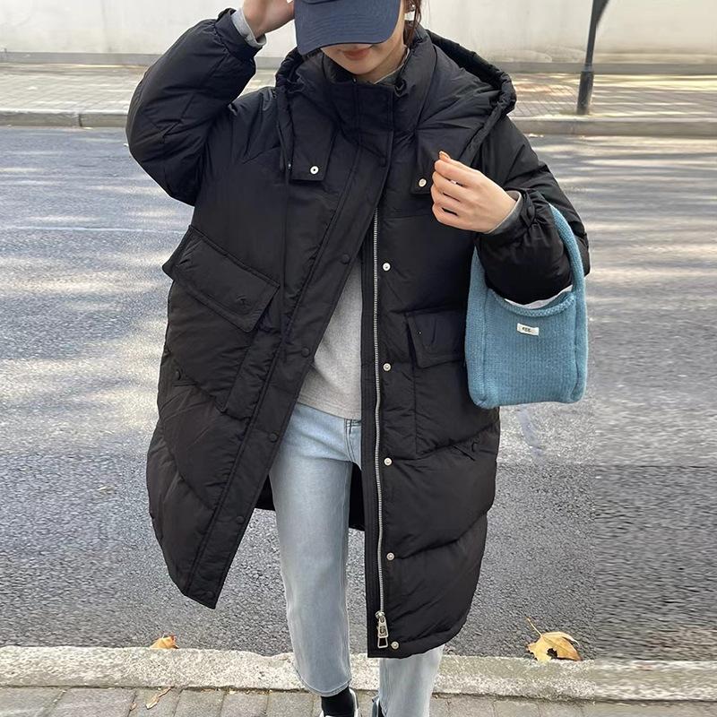 Lange Daunenjacke mit großer Tasche für Damen 2025 Wintermode Verdickte Kapuze Über Knie Süße weiße Entendaunenjacke