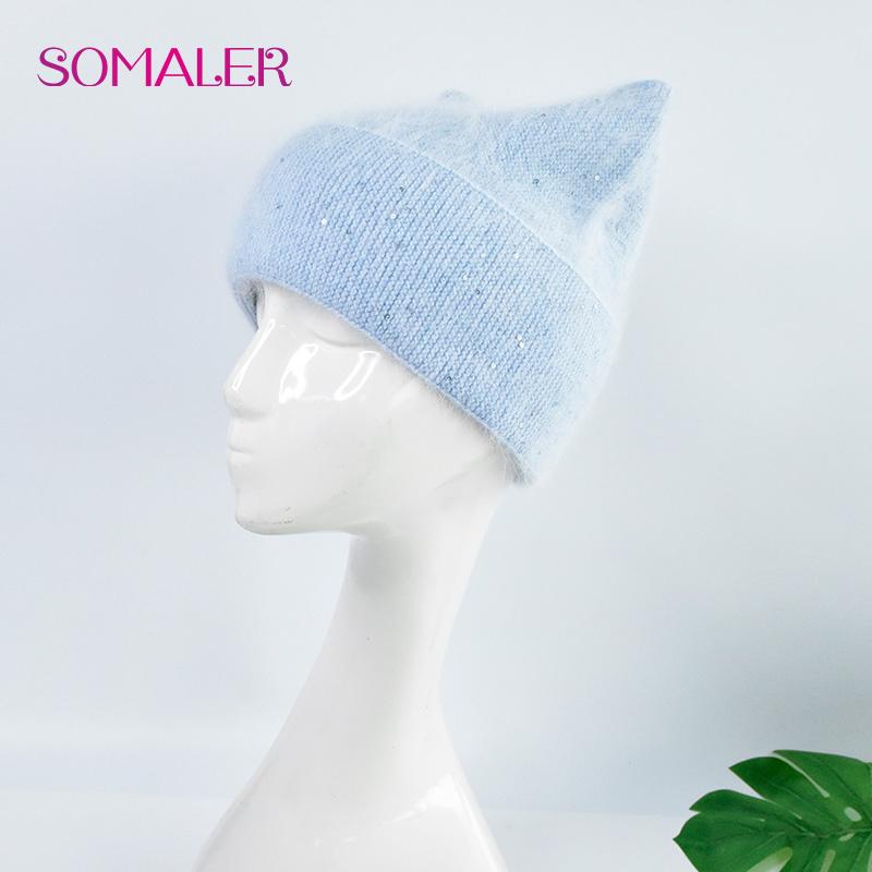 SOMALER Women's Autumn Winter Angora Knit Warm Hat with Brim and Sequin Decoration Cute Cat Design Beanie 54-58cm