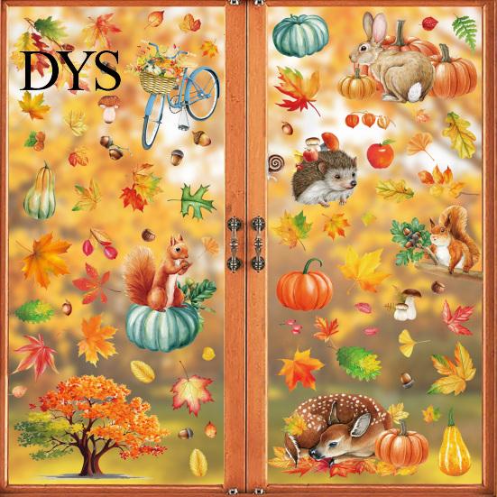 Forest Animal Window Clings for Kids 9PCS Autumn Clings, Thanksgiving Maple Leaf Pumpkin Stickers, Waterproof PVC Stickers Shop Windows Removable