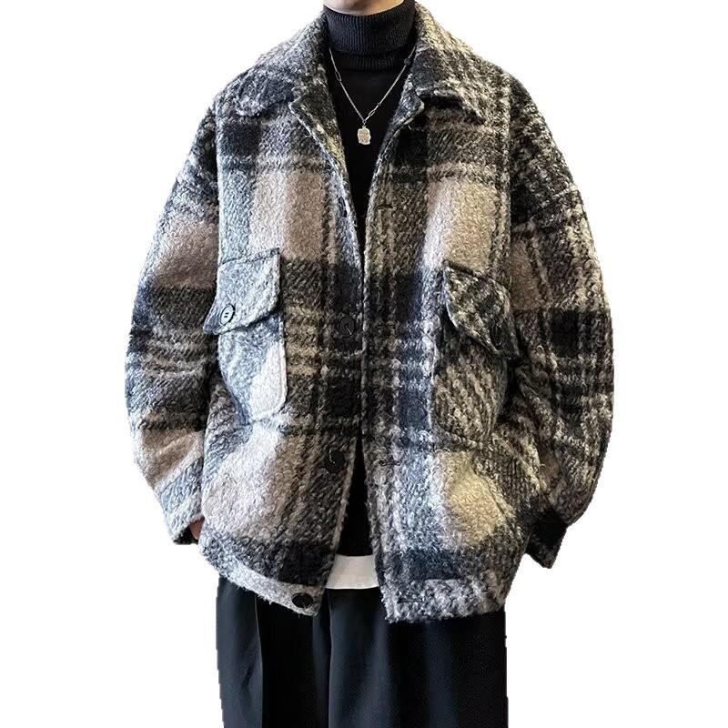 Unisex Retro Plaid Woolen Coat - Men's/Women's Winter Cotton Jacket, Thick Lapel Shirt