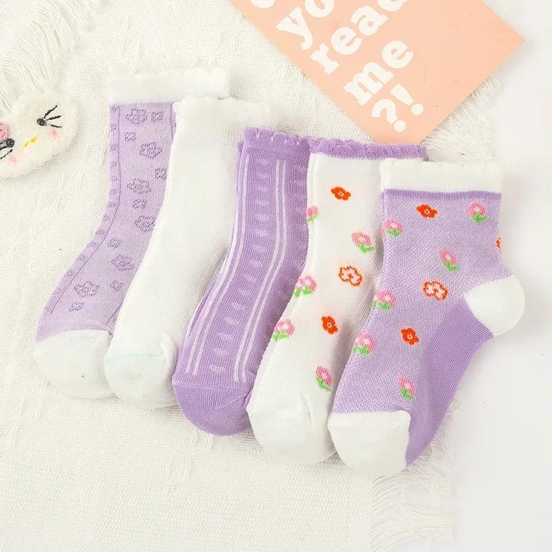 5 Pares/Lote Calcetines de Algodón Suave para Niños Estampado Coreano de Corazón de Amor Flor Calcetines de Bebé para Niña Otoño Invierno Cálidos Calcetines de Tubo Medio para Niños