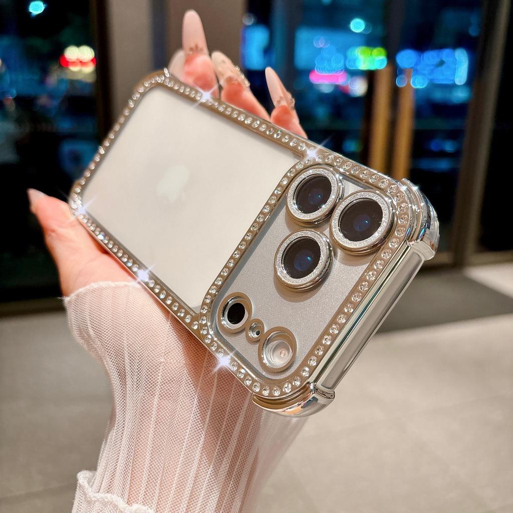 Apple 17 Pro Max Four-Corner Airbag Anti-Drop Instant Case for iPhone 16 with Rhinestone Glitter and Lens Film