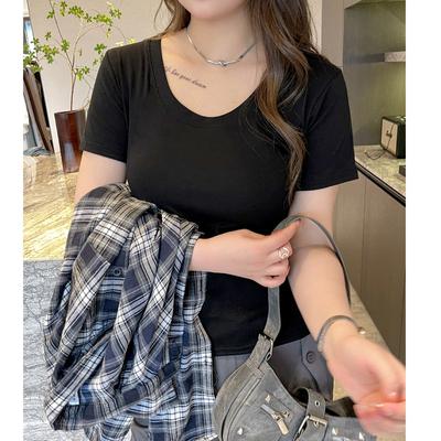 Reines Baumwoll-Rundhals-T-Shirt mit kurzen Ärmeln für Damen in Übergröße mit rechtem Schulterdetail, Sommer-Unterhemd in schmaler Passform, das als Oberteil getragen werden kann