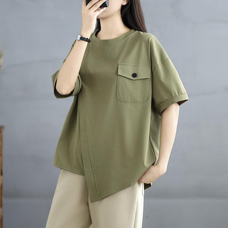 Dimanaf 2025 Nou Tricou de Vară pentru Femei Mărimi Mari Gât O Mânecă Scurtă Larg Topuri de Bază Casual Tricou Asimetric