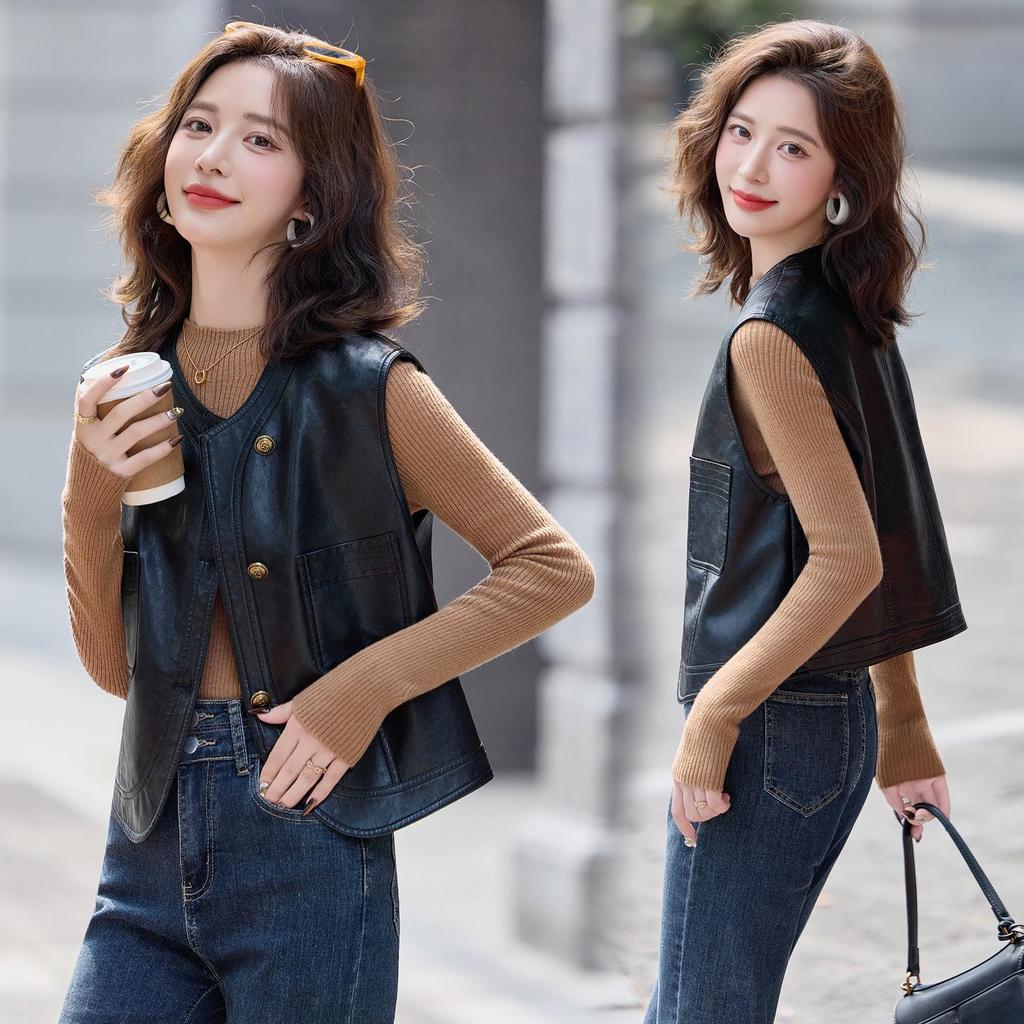 Women's Short Sheepskin Leather Motorcycle Vest - Autumn/Winter Korean Style Outerwear