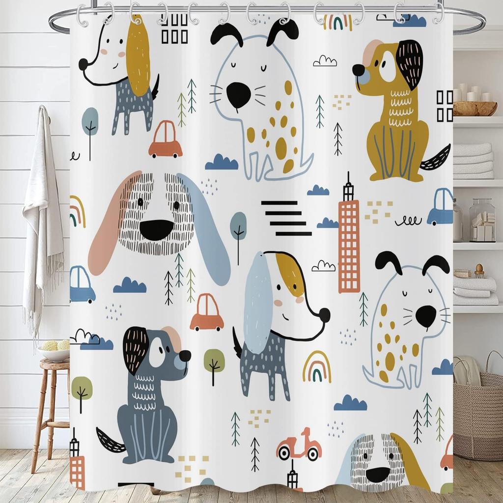Funny Cute Puppy Animal Pattern Shower Curtain 180x 180cm, Kids Bathroom Decorative Shower Curtain Waterproof