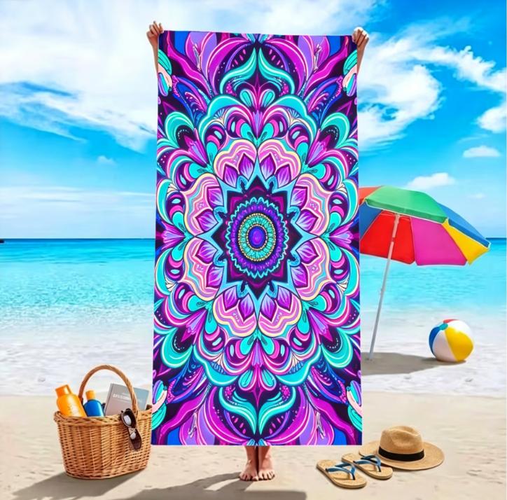 Large Microfiber Beach Towel, Colorful Mandala Print, Sand Free & Quick Dry, for Boho Style Summer Beach Use