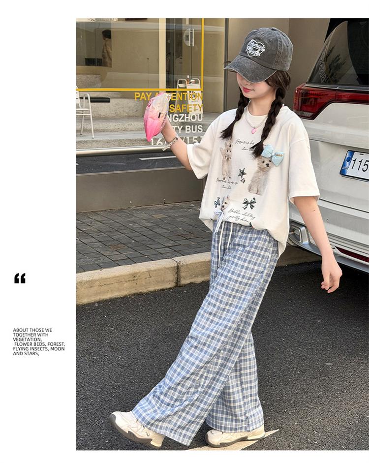 Girls' short sleeved T-shirt and long pants set for summer 2026, new trendy children's fashion, girls' checkered pants for summer wear