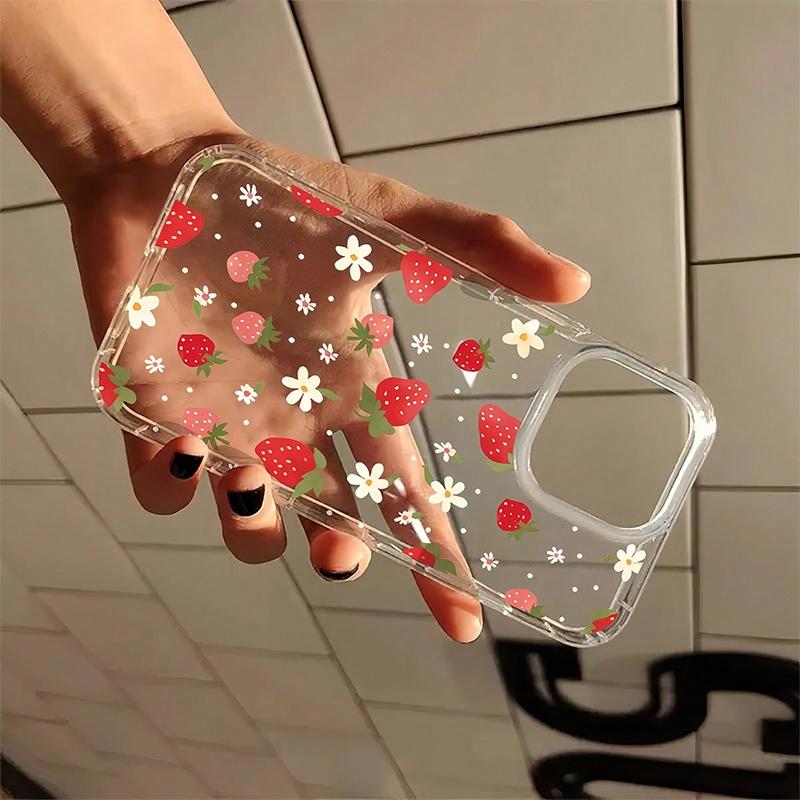 Shock-Absorbing Transparent Minimalist Floral Strawberry Phone Case For iPhone 16 Pro Max XS X XR 11 12 13 14 15 7 8 Plus Cover