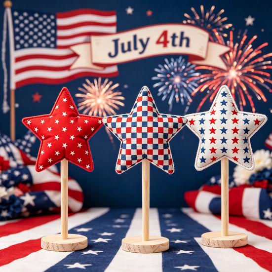 6 Pcs 4th of July Star Ornaments for Tiered Tray Decor, Patriotic Stuffed Fabric Star with Stand, American Blue