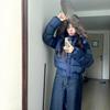 Winter versatile navy blue hooded fur collar short cotton-padded jacket women's new warm thickened down cotton-padded jacket