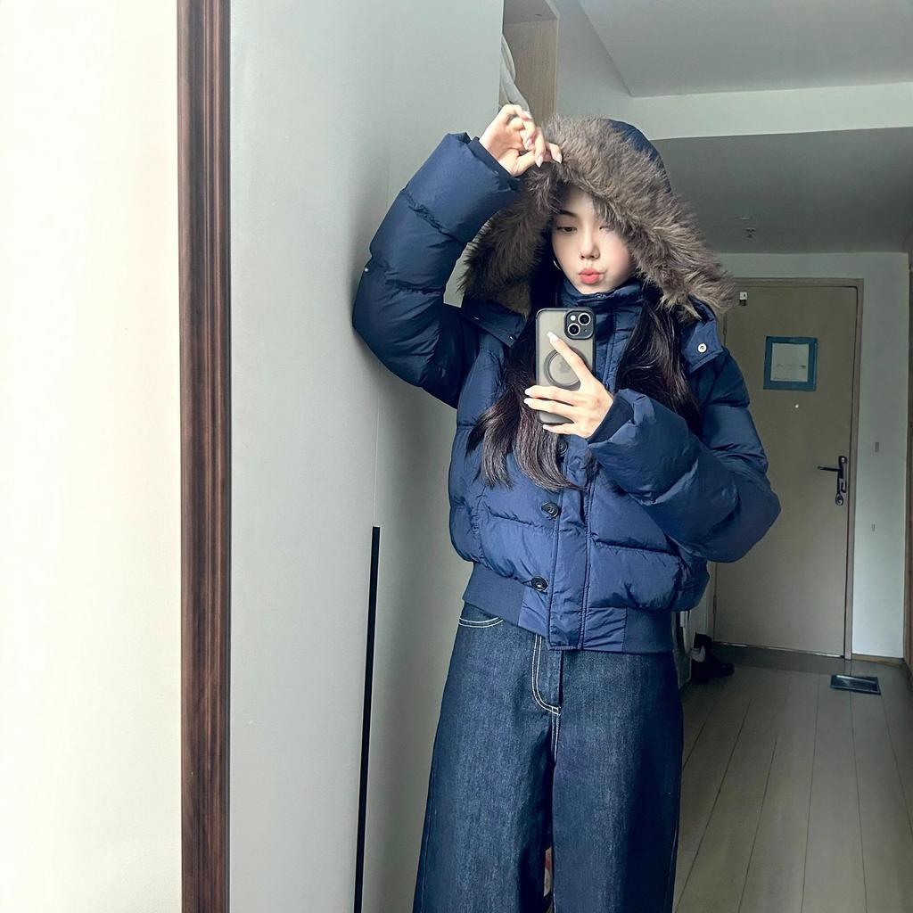 Winter versatile navy blue hooded fur collar short cotton-padded jacket women's new warm thickened down cotton-padded jacket