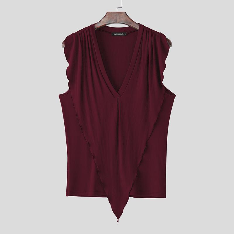 INCERUN Men Summer Deep V Sleeveless Ruffled Layers Casual Loose Tank Tops