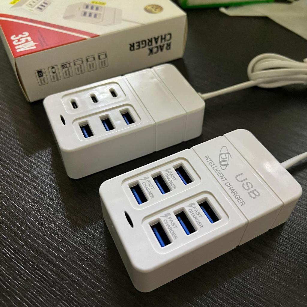 35W Multi-Port Power Strip with 6-USB PD Quick Charge and Extension Cord for Android Devices