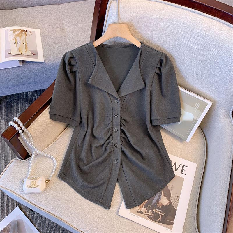 

Женская летняя футболка с короткими рукавами и воротником-поло большого размера, короткий топ 4XL серый