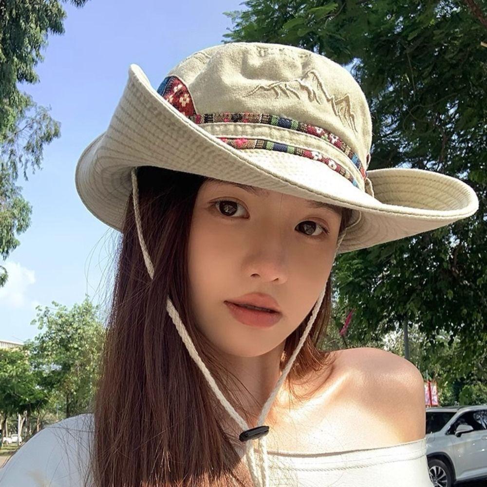 

with Windproof Strap Cowboy Bucket Hat Denim fabric Panama Hat Fisherman Cap for Camping Hiking сірий