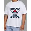 Crew Neck T Shirt White Skull with American Flag Bandana and Crossed Guns Brand Logo Print Casual Wear for Men