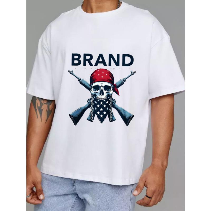 Crew Neck T Shirt White Skull with American Flag Bandana and Crossed Guns Brand Logo Print Casual Wear for Men